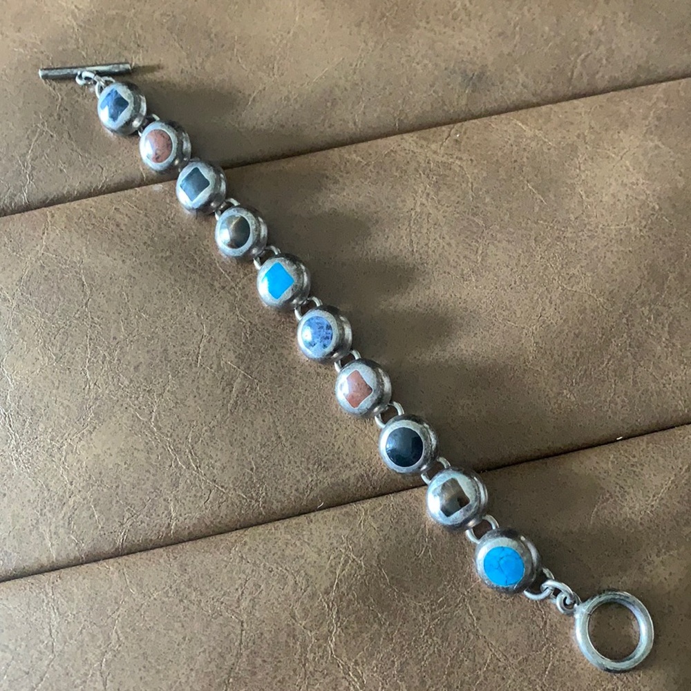 Multicolored multi stone 925 Sterling Silver Button Link Toggle Bracelet
